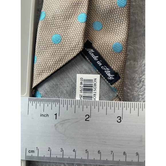 Samuelsohn Nordstrom Mens Tie Beige Blue Polka Dot Silk Made in Italy‎ - Picture 8 of 9